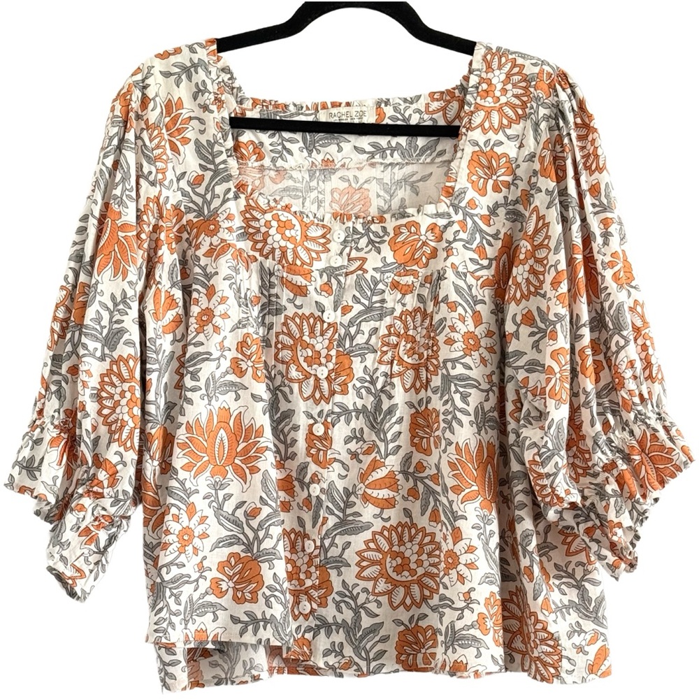 Rachel Zoe Orange and Gray Floral Square-Neck Peasant Blouse